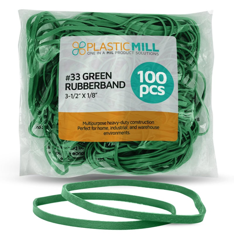 PlasticMill Green Rubber Bands Size 33 (3 1/2" x 1/8") - #33 Colored Rubber Bands Office Supplies - Strong, Elastic Bands for Crafts, Balloon Garland, Cash, File Folders (100-Pack) - Image 1